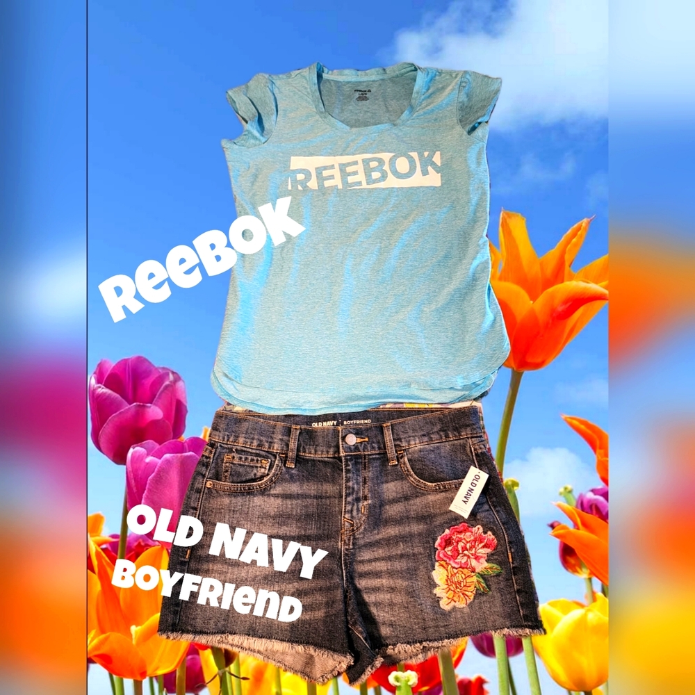 Old Navy Boyfriend shorts Rebok Top outfit